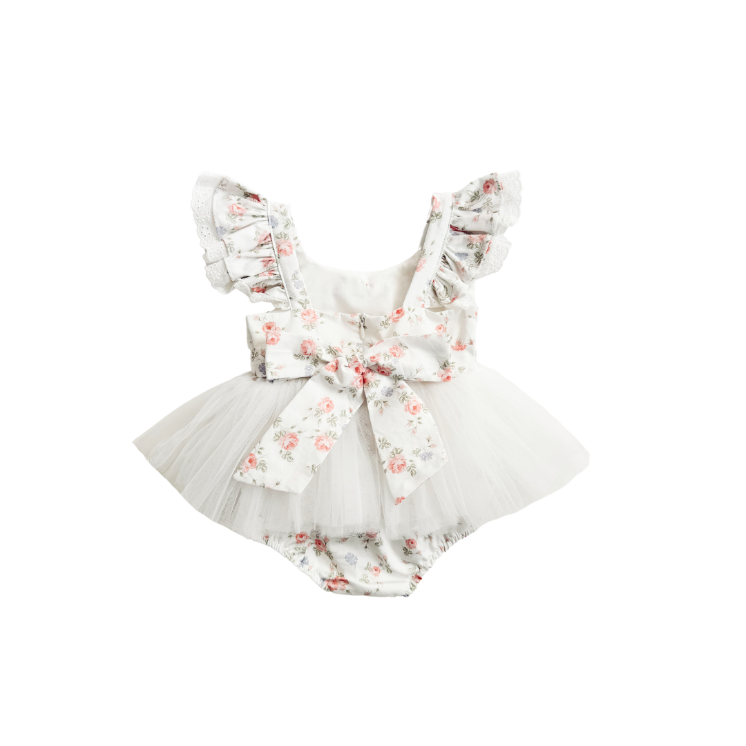 Cottage Fairy Baby Girl Floral White Tulle Party Romper