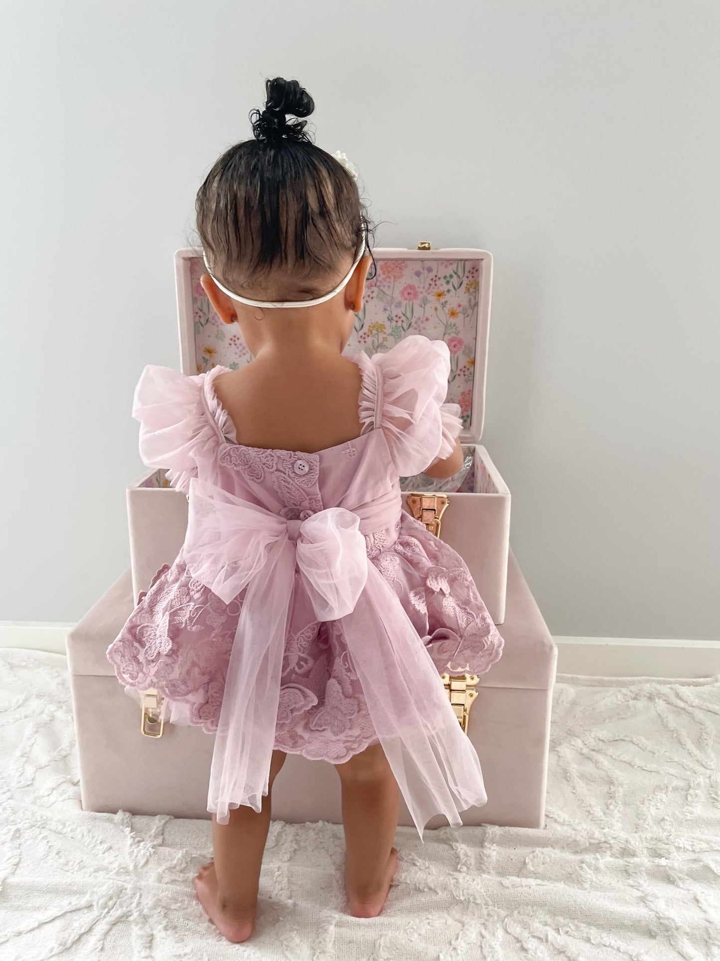 Butterfly Kisses Dusty Rose Pink Embroidered Baby Girl Party Romper