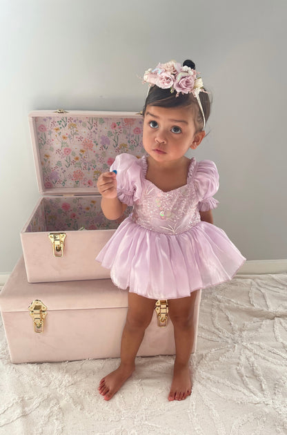 Ariel Purple Pearl Organza Sequin Baby Girl Party Romper