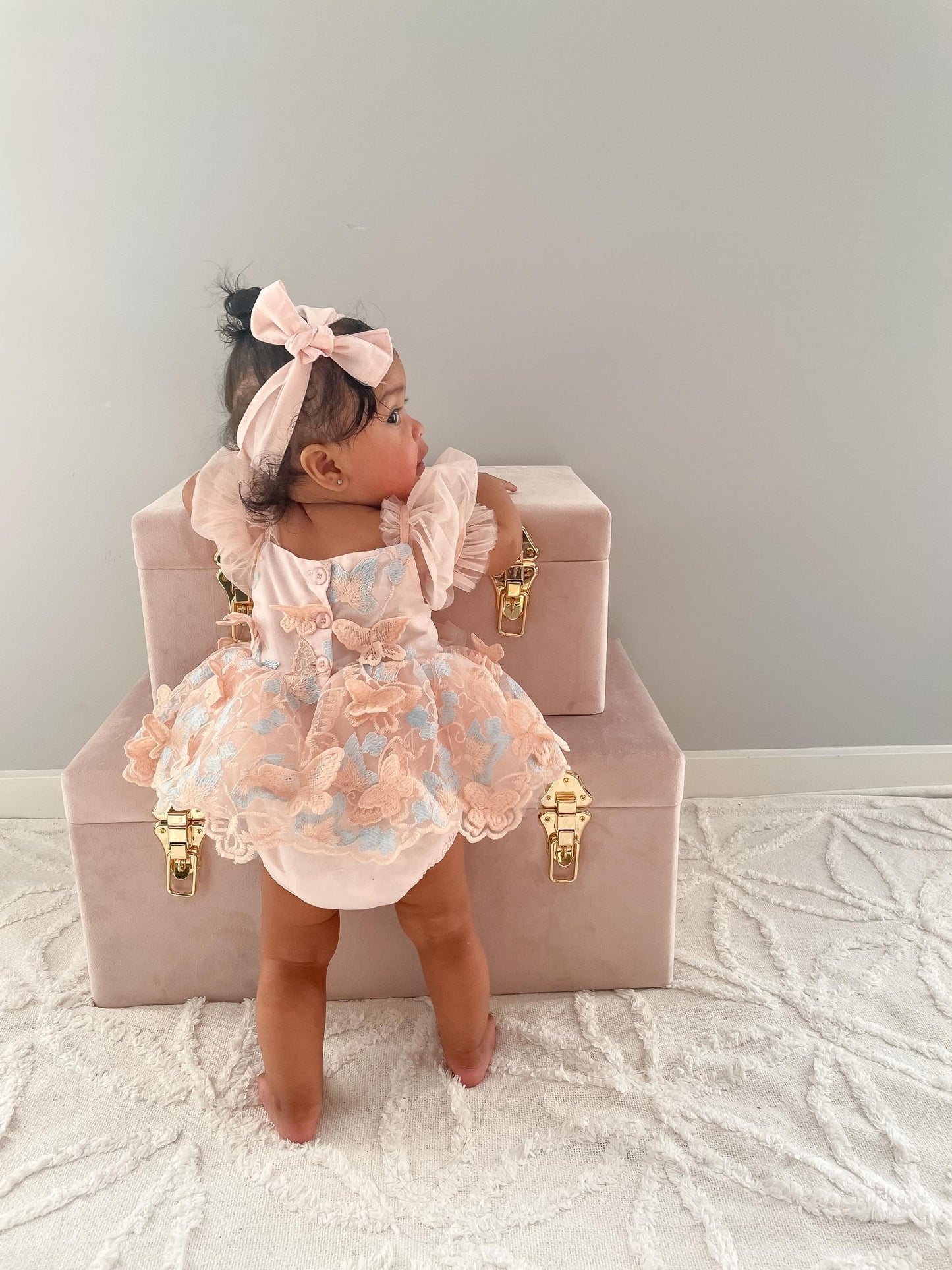 Butterfly Kisses Peach Rose Baby Girl Embroidered Tulle Party Romper