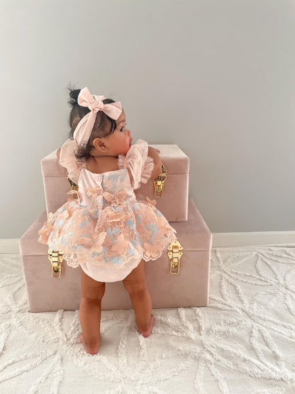 Butterfly Kisses Peach Rose Baby Girl Embroidered Tulle Party Romper
