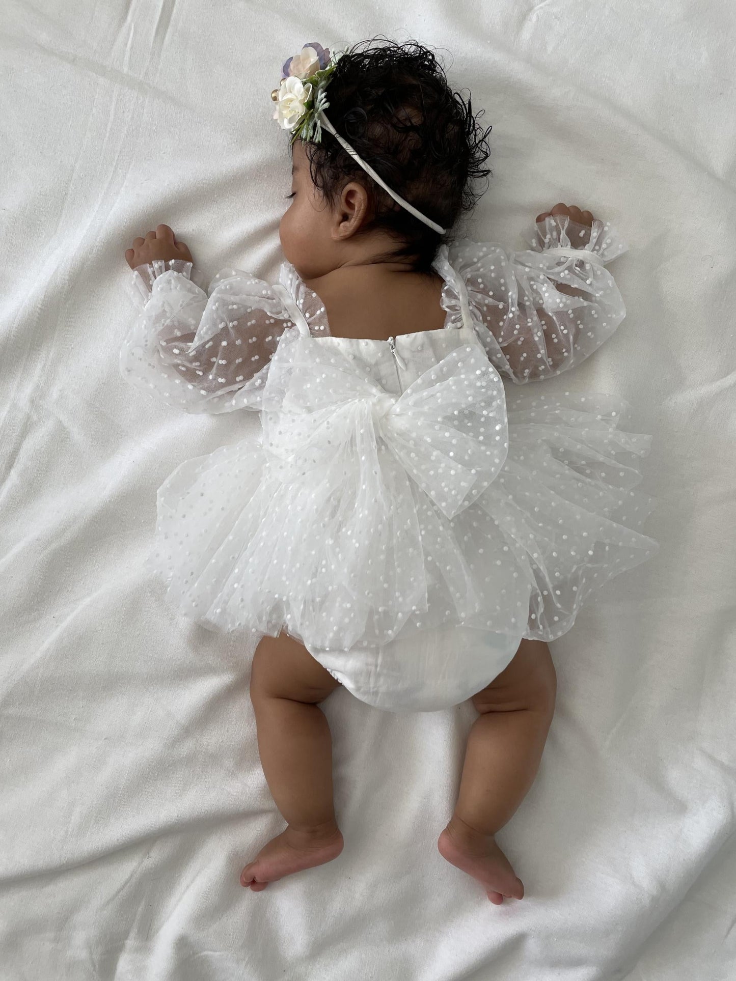 Swiss Dot Bloom White Baby Girl Tulle Romper