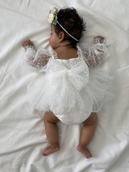 Swiss Dot Bloom White Baby Girl Tulle Romper