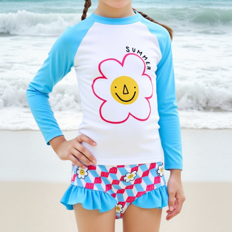 Girls Long Sleeve Floral Summer Swimsuit Top Shorts Two-piece Set