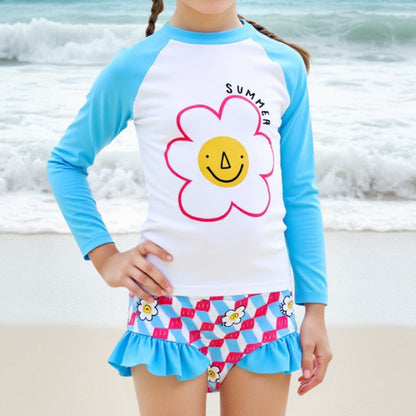 Girls Long Sleeve Floral Summer Swimsuit Top Shorts Two-piece Set