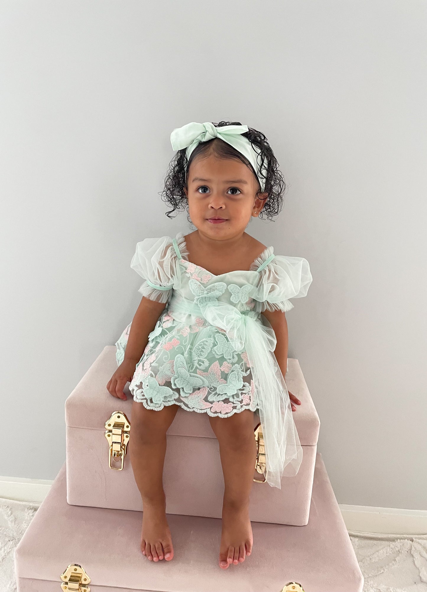 Butterfly Kisses Peppermint Pink Embroidered Baby Girl Tulle Party Romper