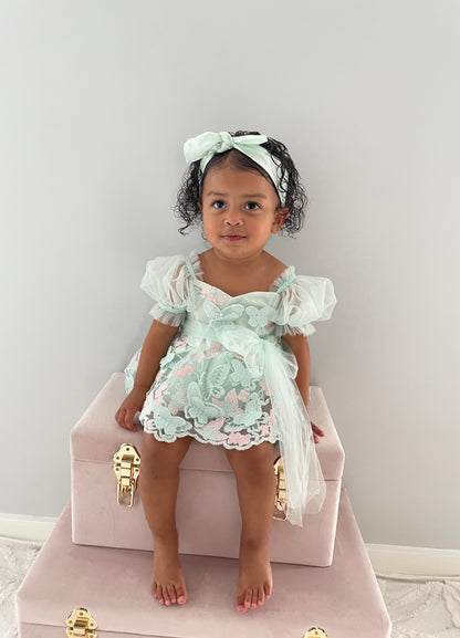 Butterfly Kisses Peppermint Pink Embroidered Baby Girl Tulle Party Romper