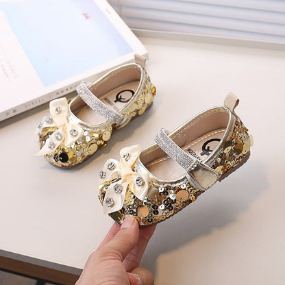 Bowknot Rhinestone Princess Shoes Sequined Leather Shoes