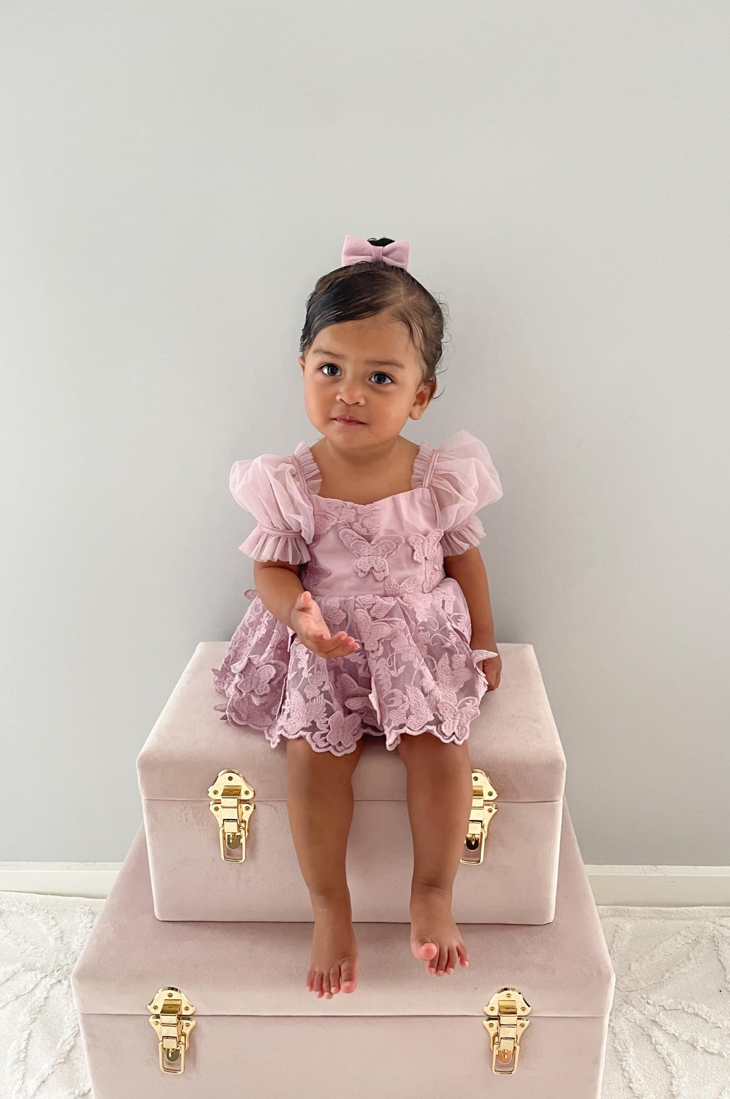 Butterfly Kisses Dusty Rose Pink Embroidered Baby Girl Party Romper