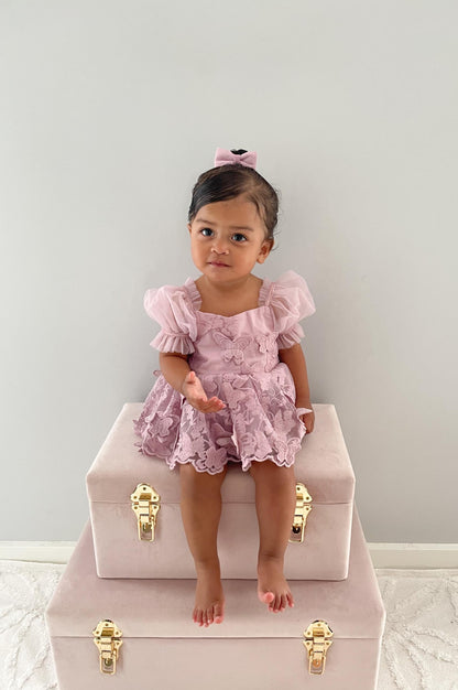 Butterfly Kisses Dusty Rose Pink Embroidered Baby Girl Party Romper