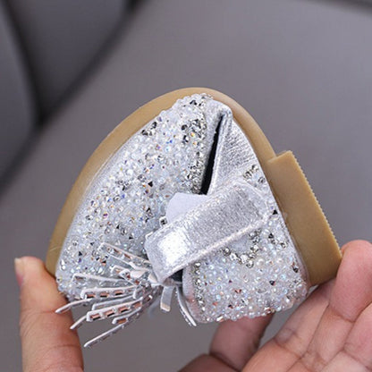 Girls' Princess Rhinestone Bow Mesh Leather Shoes