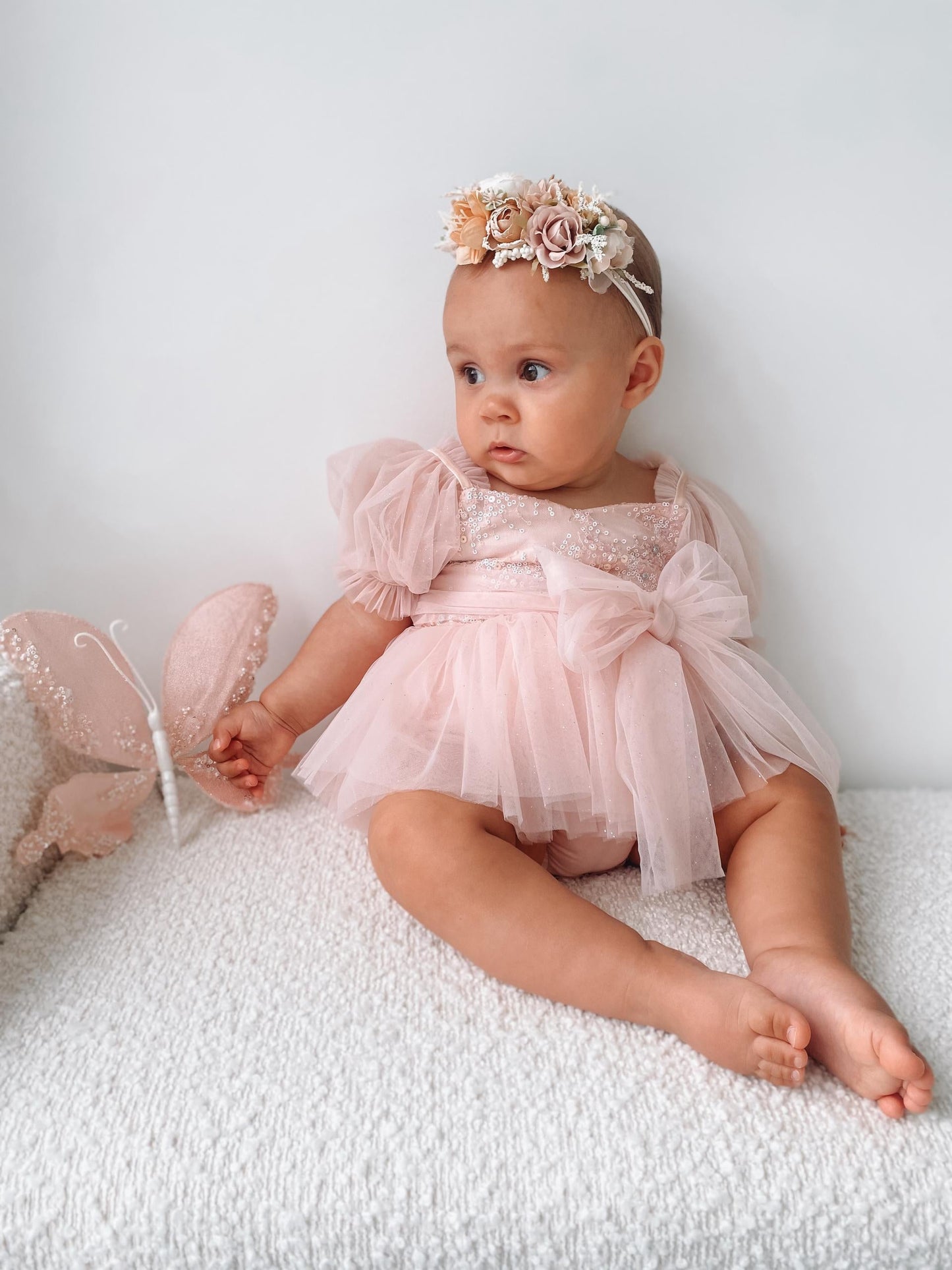 Jewel Sequin Pastel Pink Sparkle Baby Girl Tulle Party Romper