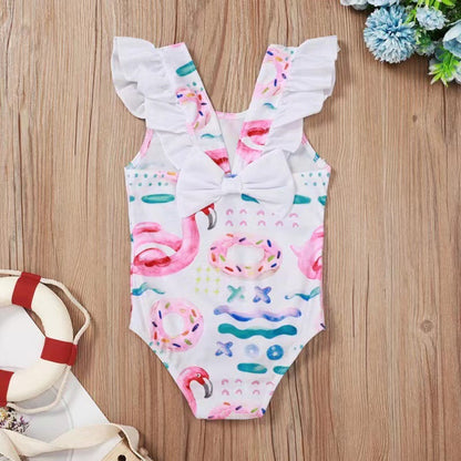 Baby Starfish and Shell Print One-piece Lotus Leaf Bow Swimsuit