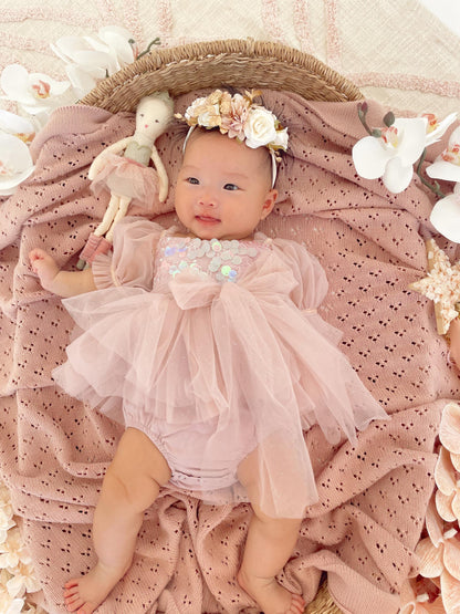 Jewel Sequin Dusty Pink Sparkle Baby Girl Tulle Party Romper