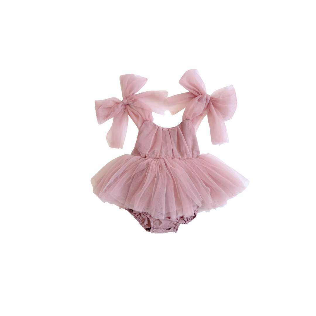 English Rose Dusty Rose Pink Baby Girl Tulle Romper