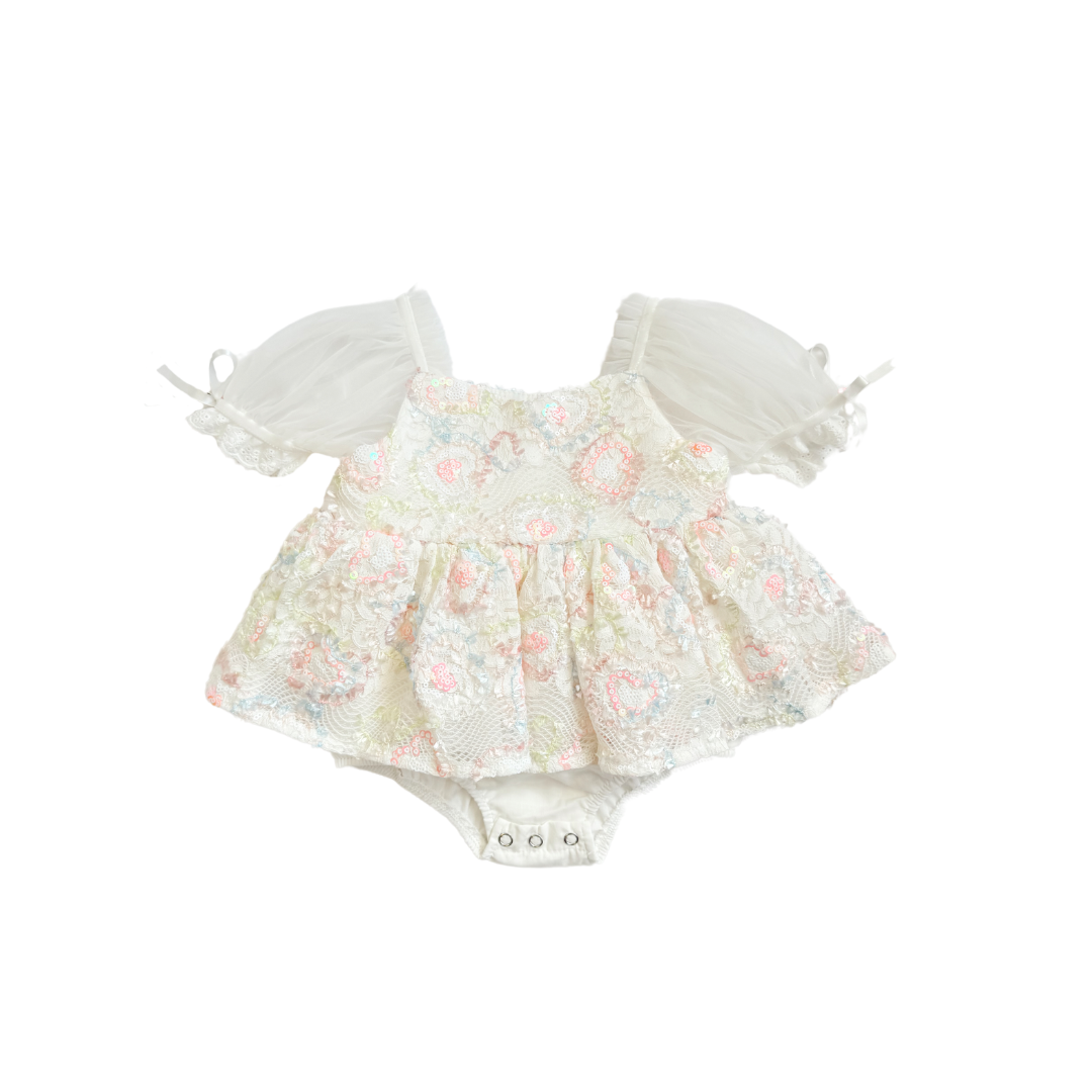 Josephine Lace Blossom Baby Girl Sequin White Tulle Party Romper