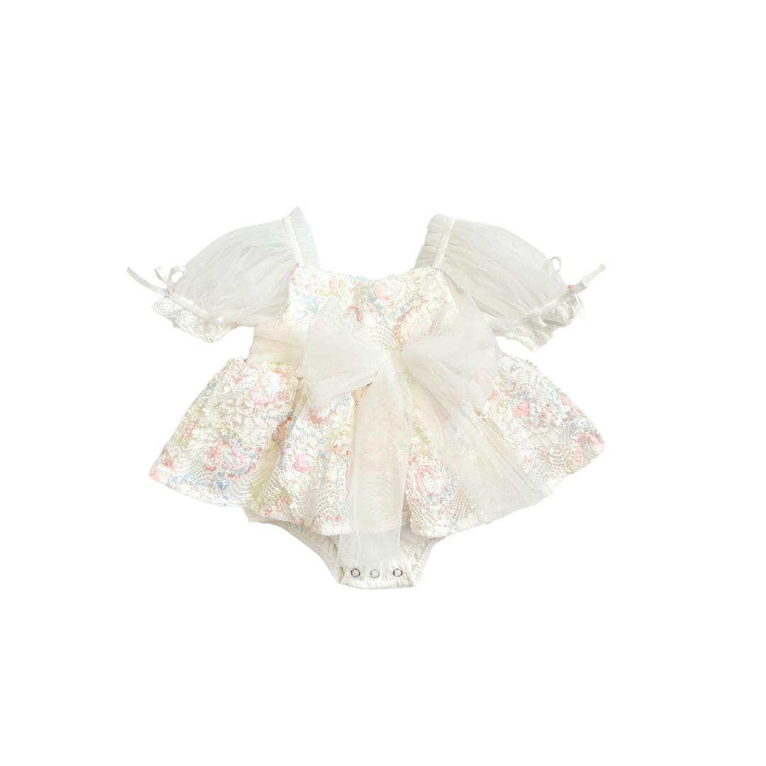 Josephine Lace Blossom Baby Girl Sequin White Tulle Party Romper