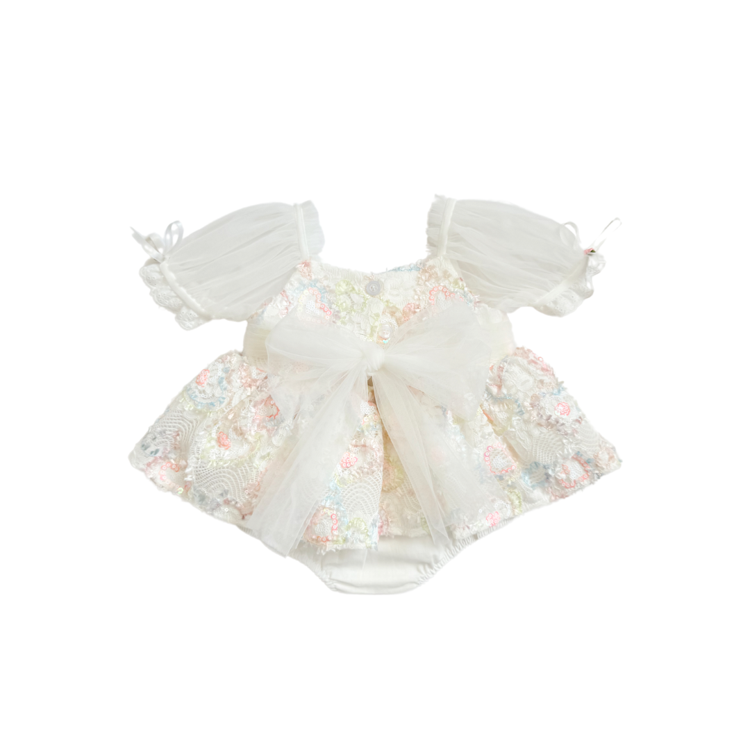 Josephine Lace Blossom Baby Girl Sequin White Tulle Party Romper