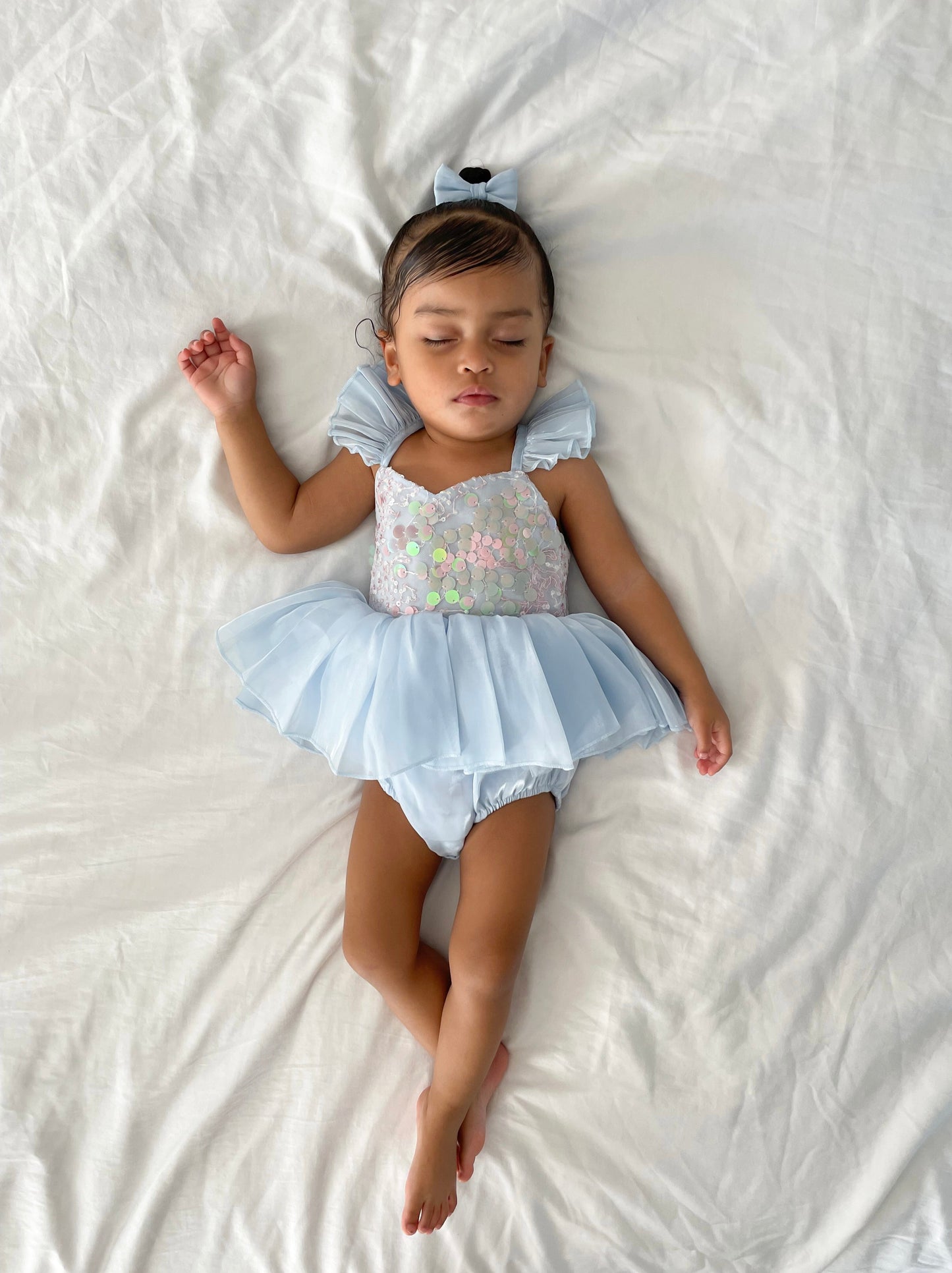 Ariel Ocean Blue Organza Sequin Baby Girl Party Romper