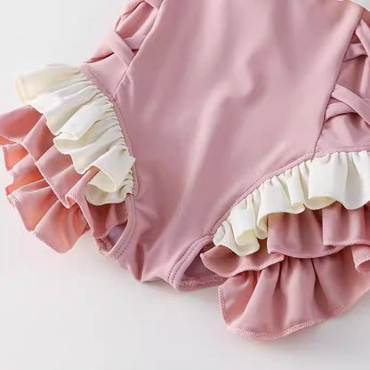 Girls Cute Princess Swimsuit and Swim Cap Two-Piece Set