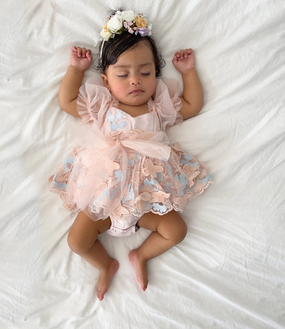 Butterfly Kisses Peach Rose Baby Girl Embroidered Tulle Party Romper