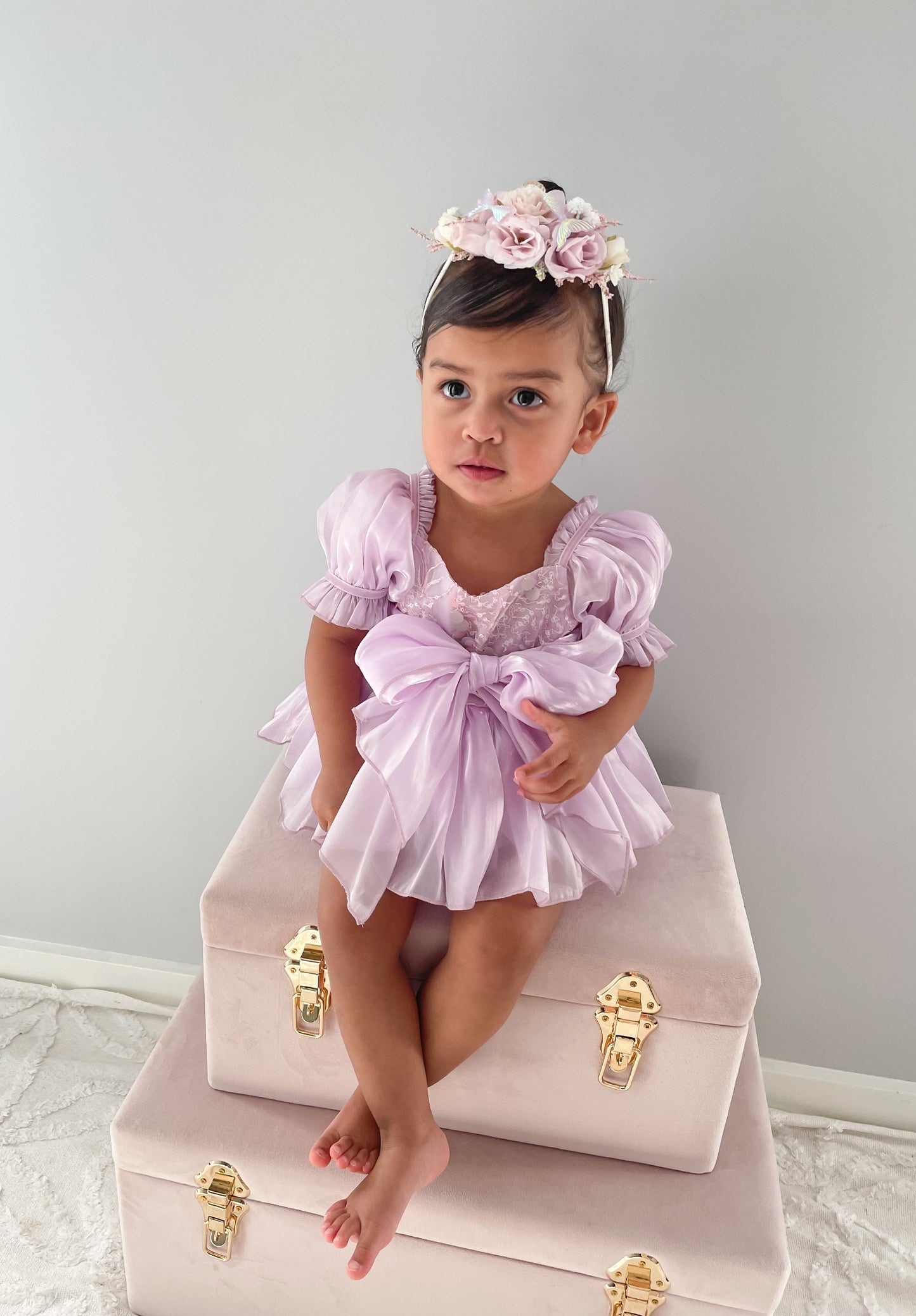 Ariel Purple Pearl Organza Sequin Baby Girl Party Romper