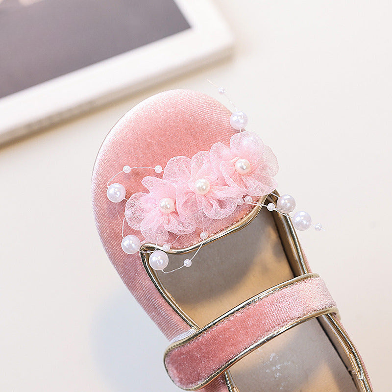 Girls Flower Pearl Princess Shoes Children's Velvet Leather Shoes