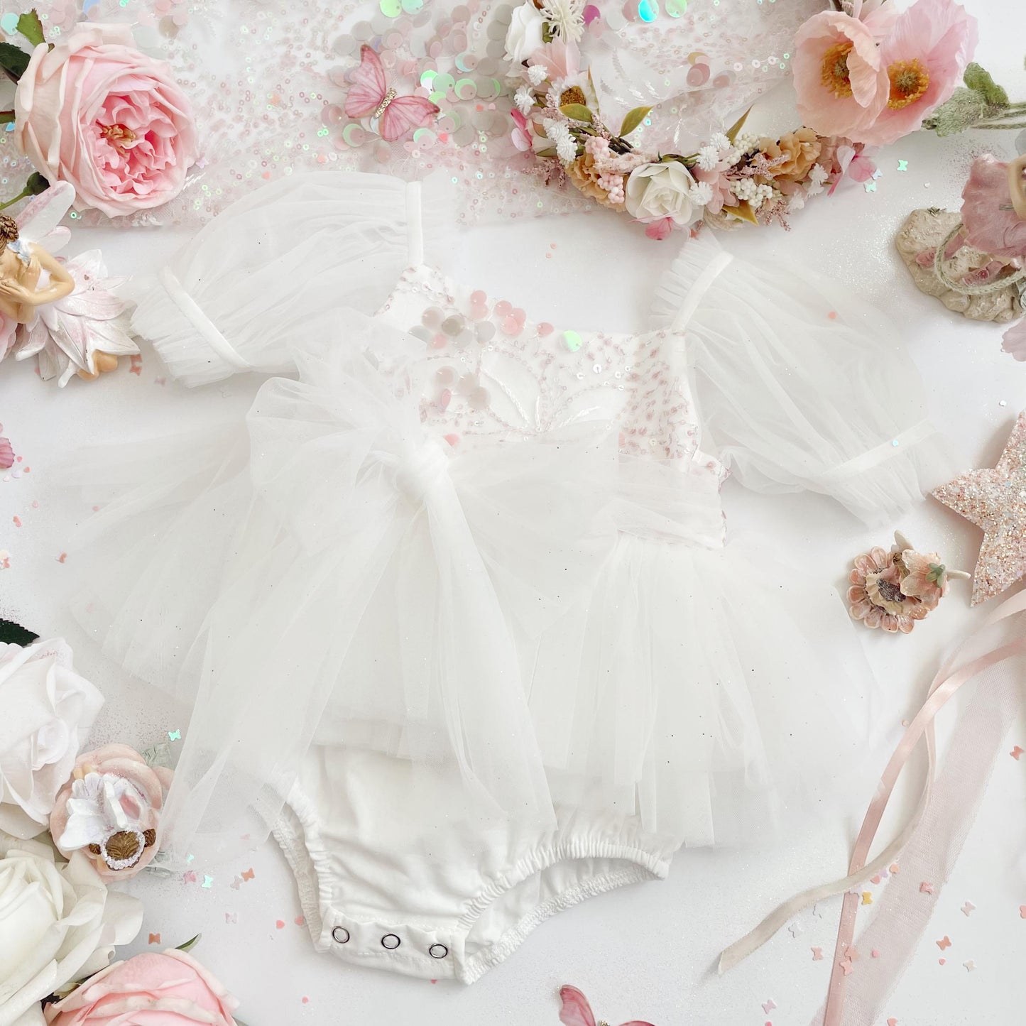 Jewel Sequin White Sparkle Baby Girl Tulle Party Romper