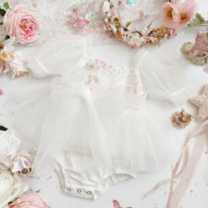 Jewel Sequin White Sparkle Baby Girl Tulle Party Romper