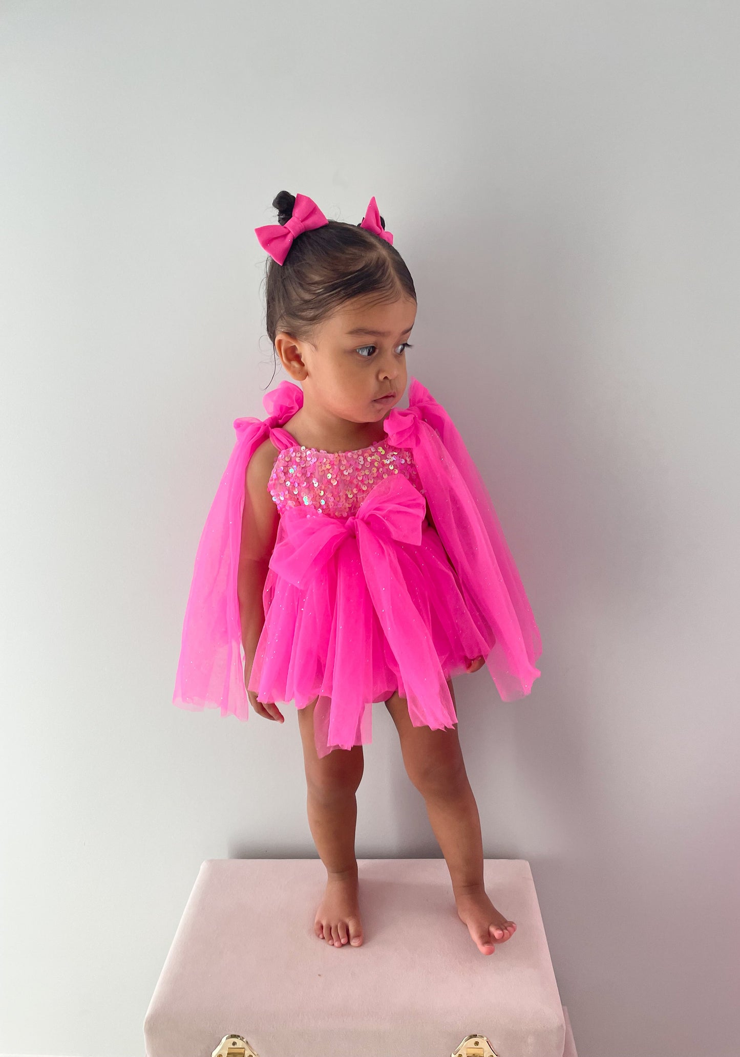 Theodora Fuchsia Pink Sequin Baby Girl Tulle Party Romper