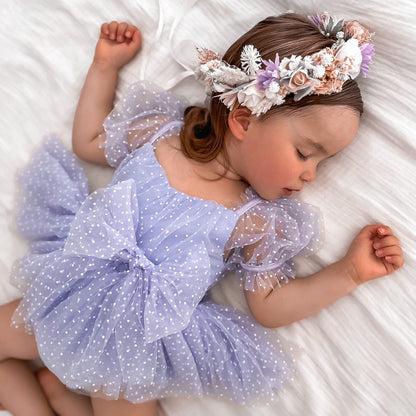 Swiss Dot Periwinkle Flower Fairy Baby Girl Tulle Party Romper
