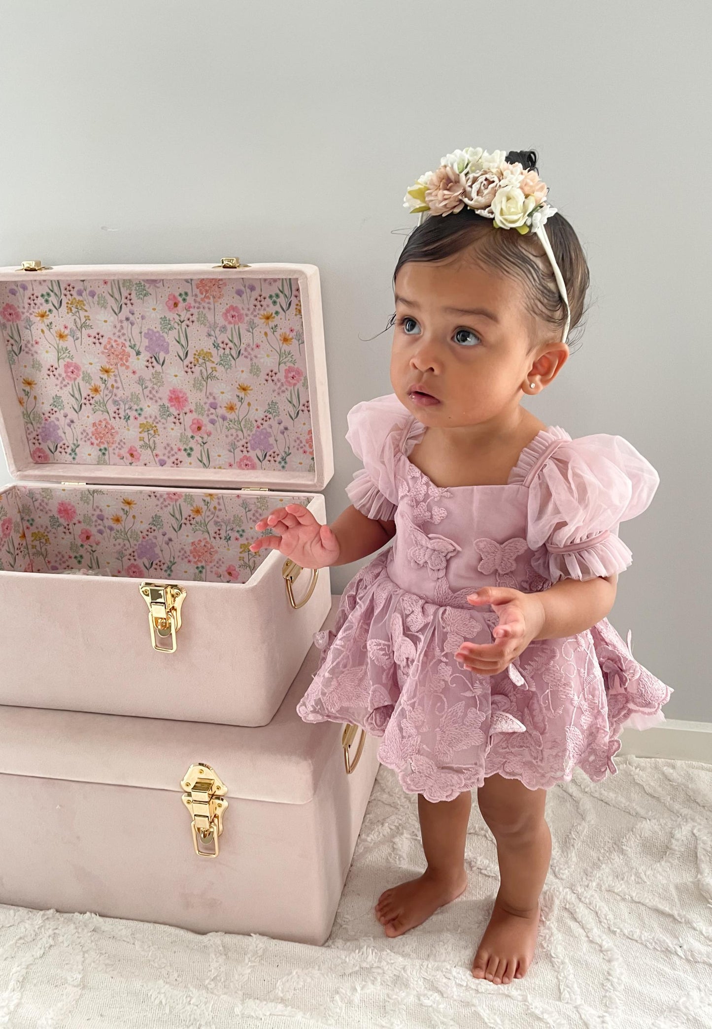 Butterfly Kisses Dusty Rose Pink Embroidered Baby Girl Party Romper