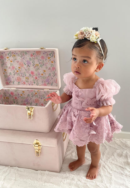 Butterfly Kisses Dusty Rose Pink Embroidered Baby Girl Party Romper