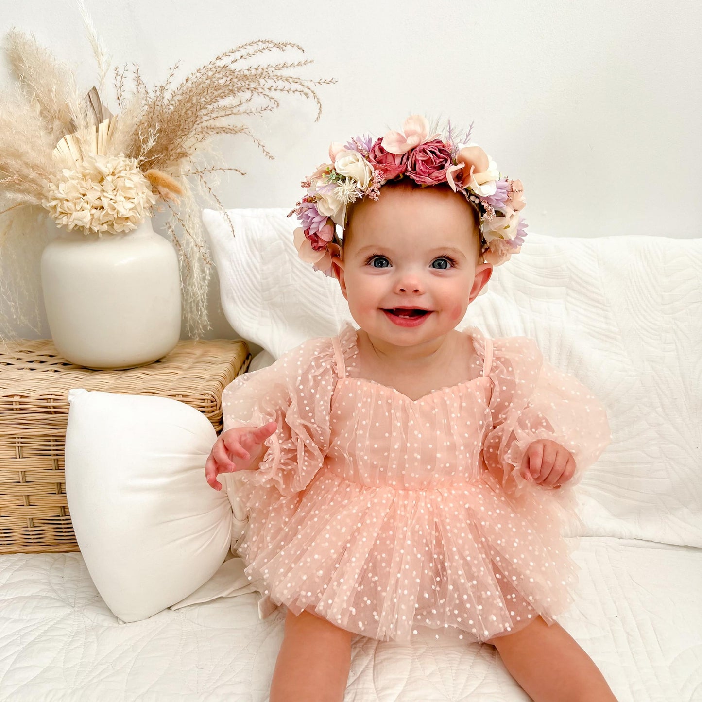 Swiss Dot Bloom Pink Rose Baby Girl Tulle Party Romper