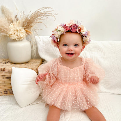 Swiss Dot Bloom Pink Rose Baby Girl Tulle Party Romper