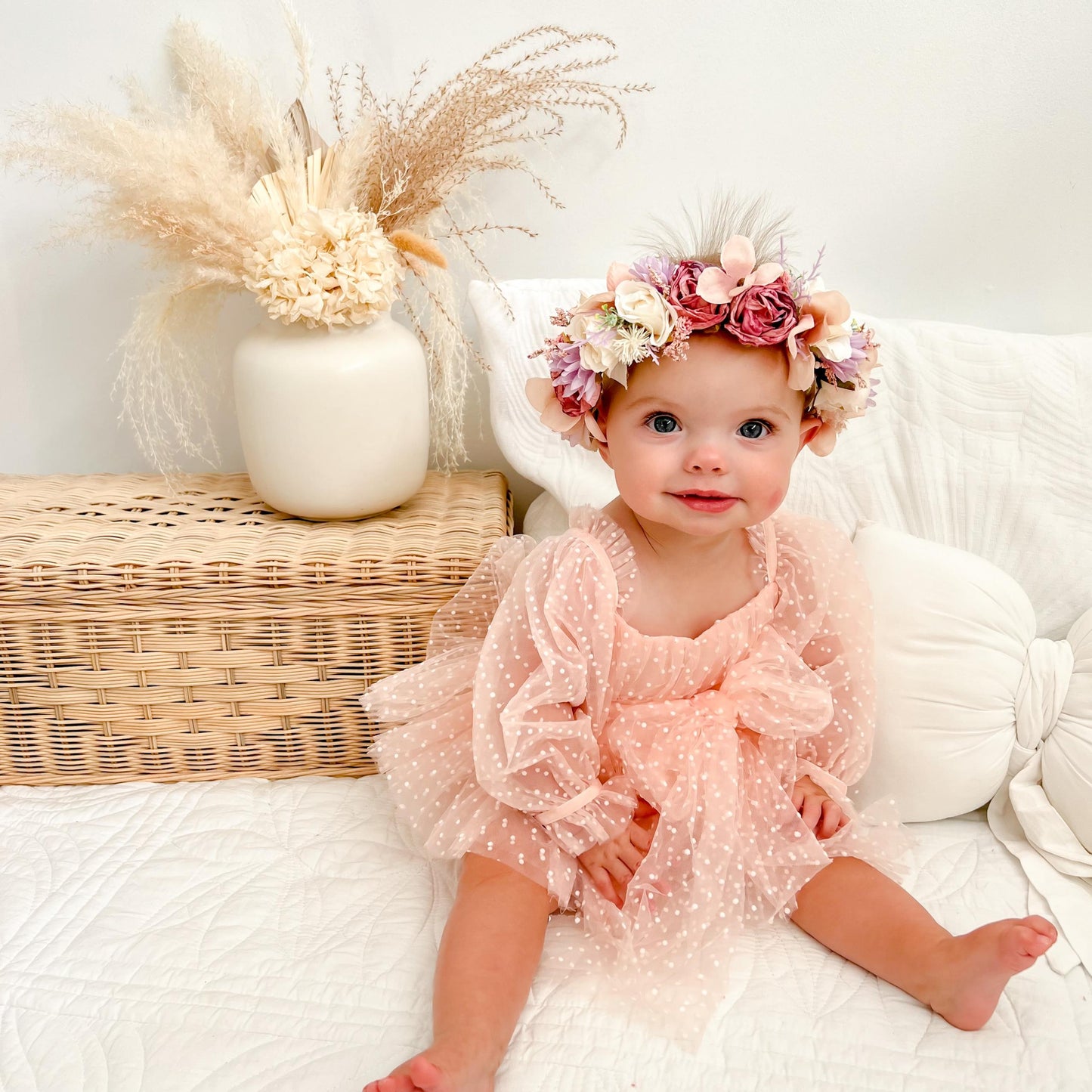 Swiss Dot Bloom Pink Rose Baby Girl Tulle Party Romper
