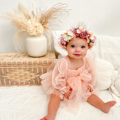 Swiss Dot Bloom Pink Rose Baby Girl Tulle Party Romper