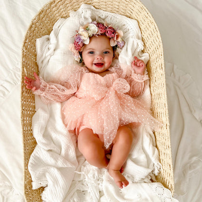 Swiss Dot Bloom Pink Rose Baby Girl Tulle Party Romper