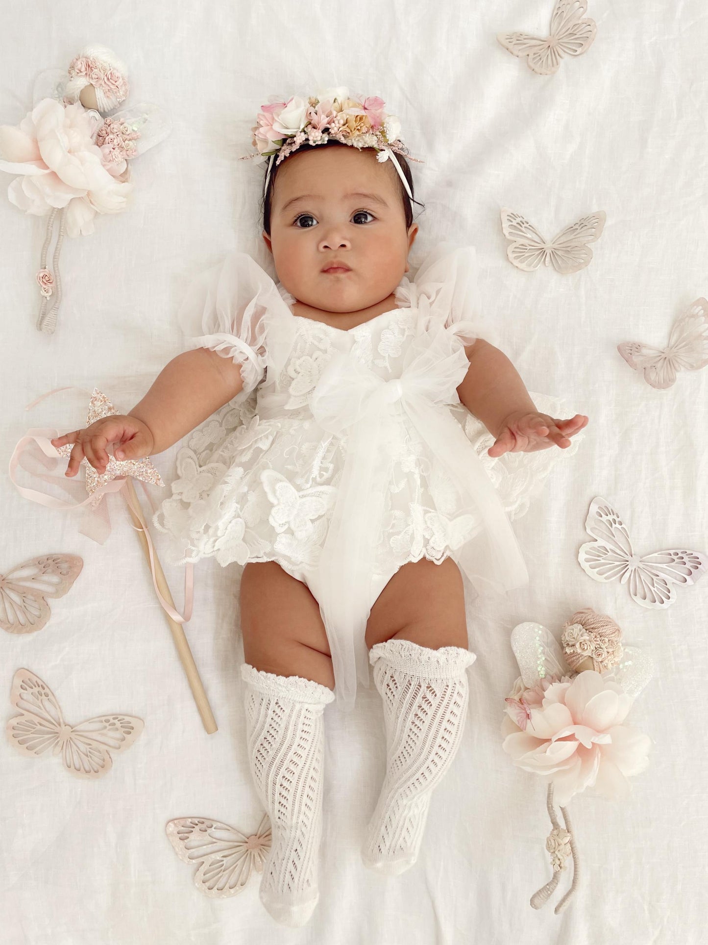 White Butterfly Kisses Baby Girls Embroidered Tulle Romper