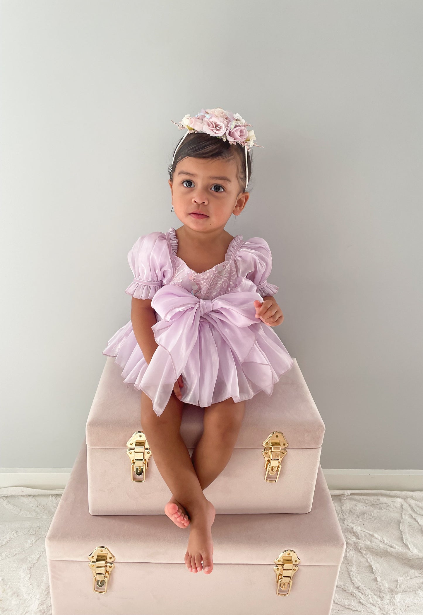 Ariel Purple Pearl Organza Sequin Baby Girl Party Romper