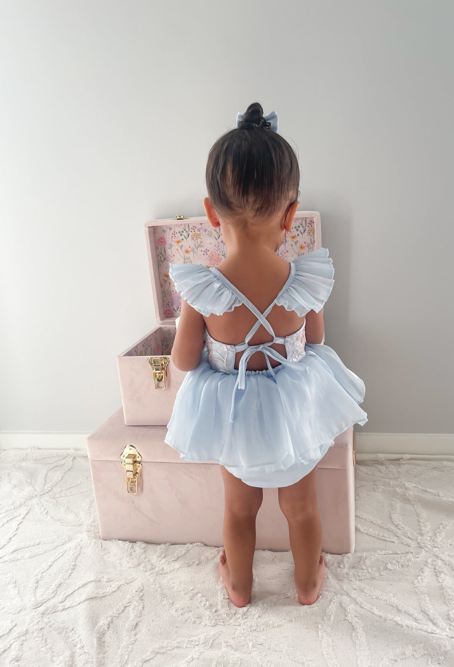 Ariel Ocean Blue Organza Sequin Baby Girl Party Romper