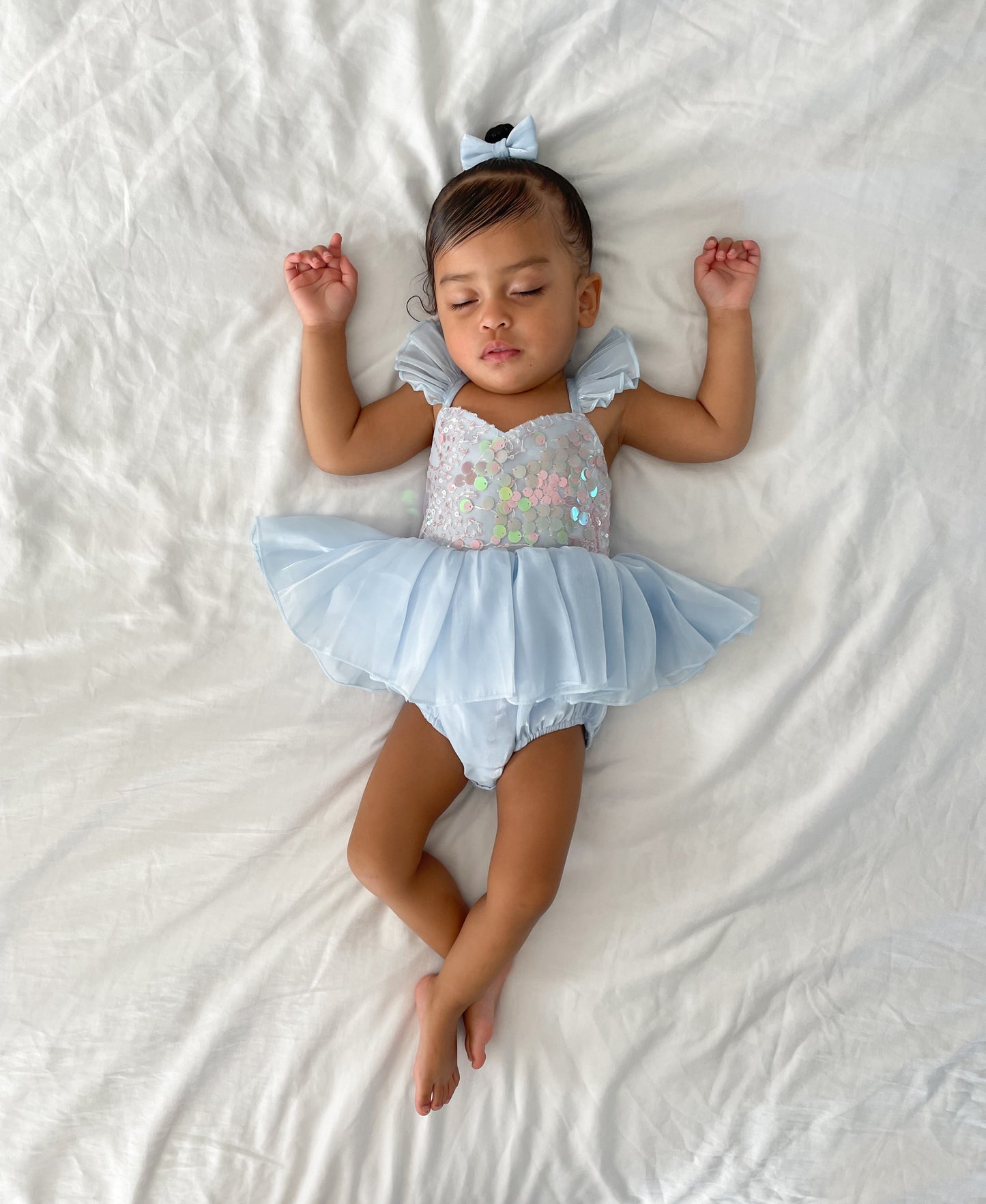 Ariel Ocean Blue Organza Sequin Baby Girl Party Romper