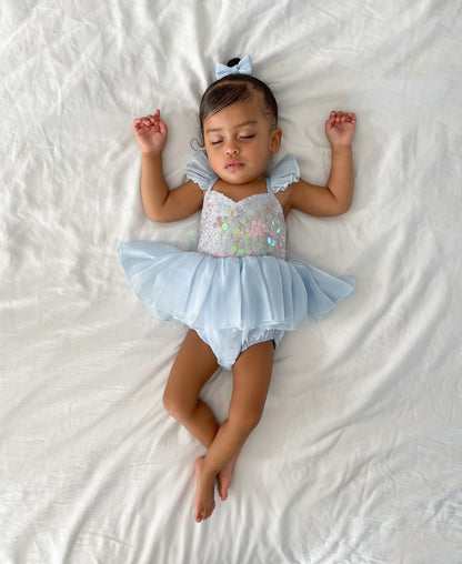 Ariel Ocean Blue Organza Sequin Baby Girl Party Romper