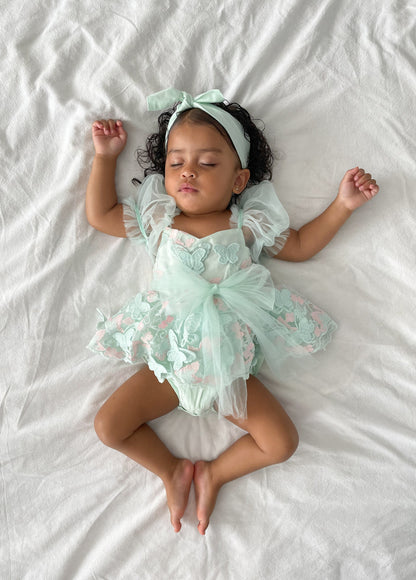 Butterfly Kisses Peppermint Pink Embroidered Baby Girl Tulle Party Romper