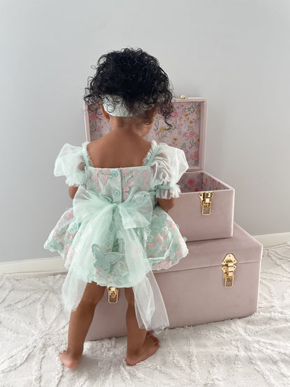 Butterfly Kisses Peppermint Pink Embroidered Baby Girl Tulle Party Romper