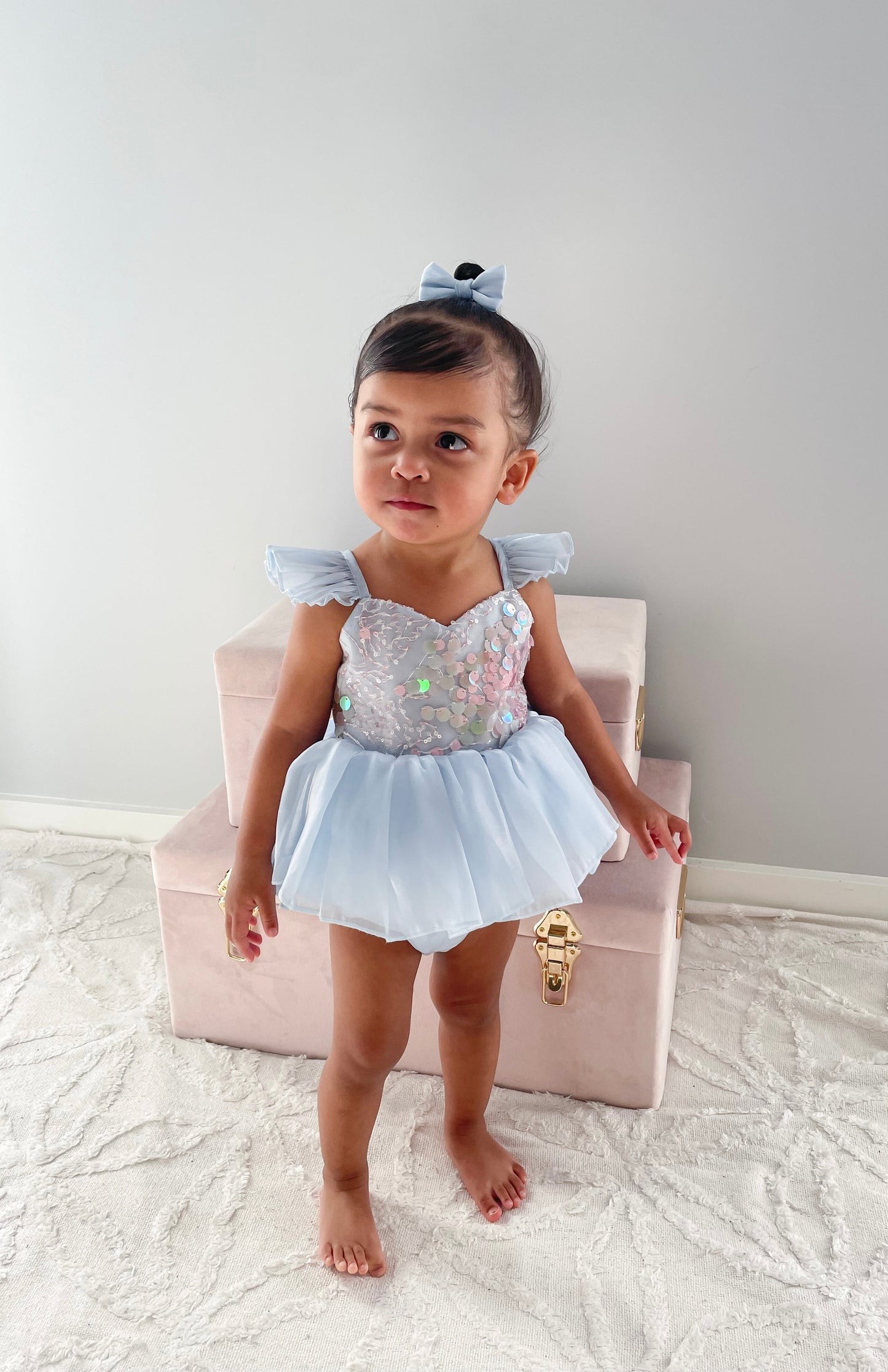 Ariel Ocean Blue Organza Sequin Baby Girl Party Romper