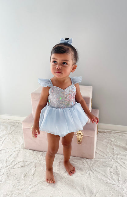 Ariel Ocean Blue Organza Sequin Baby Girl Party Romper