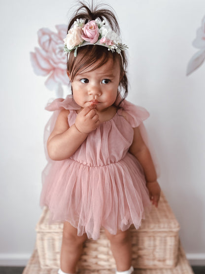 English Rose Dusty Rose Pink Baby Girl Tulle Romper