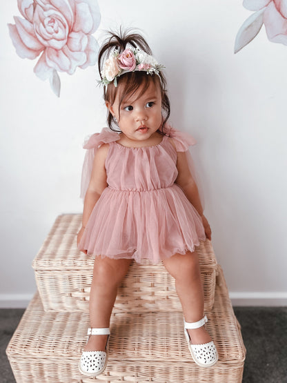 English Rose Dusty Rose Pink Baby Girl Tulle Romper