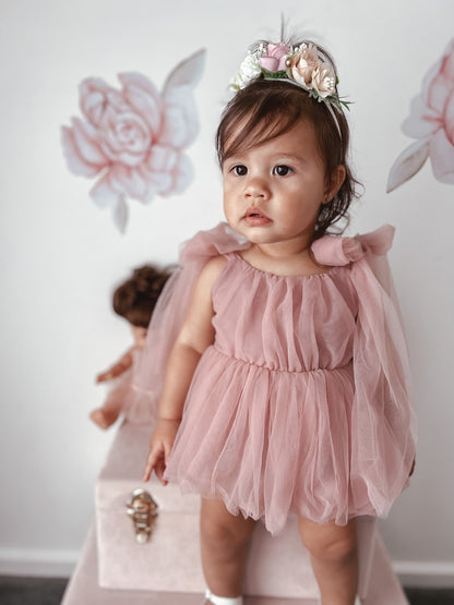 English Rose Dusty Rose Pink Baby Girl Tulle Romper